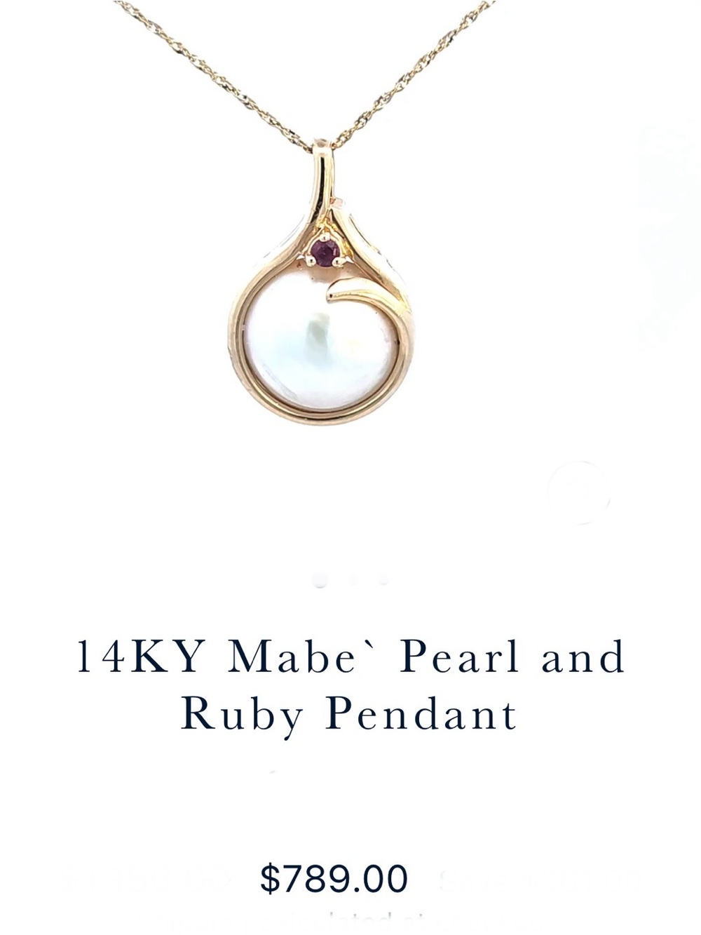 14 karat gold, pearl, and ruby pendant